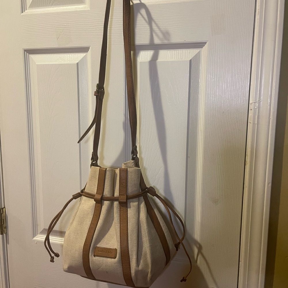 Bimba & Lola canvas khaki& tan leather trim and strap bucket style shoulder bag